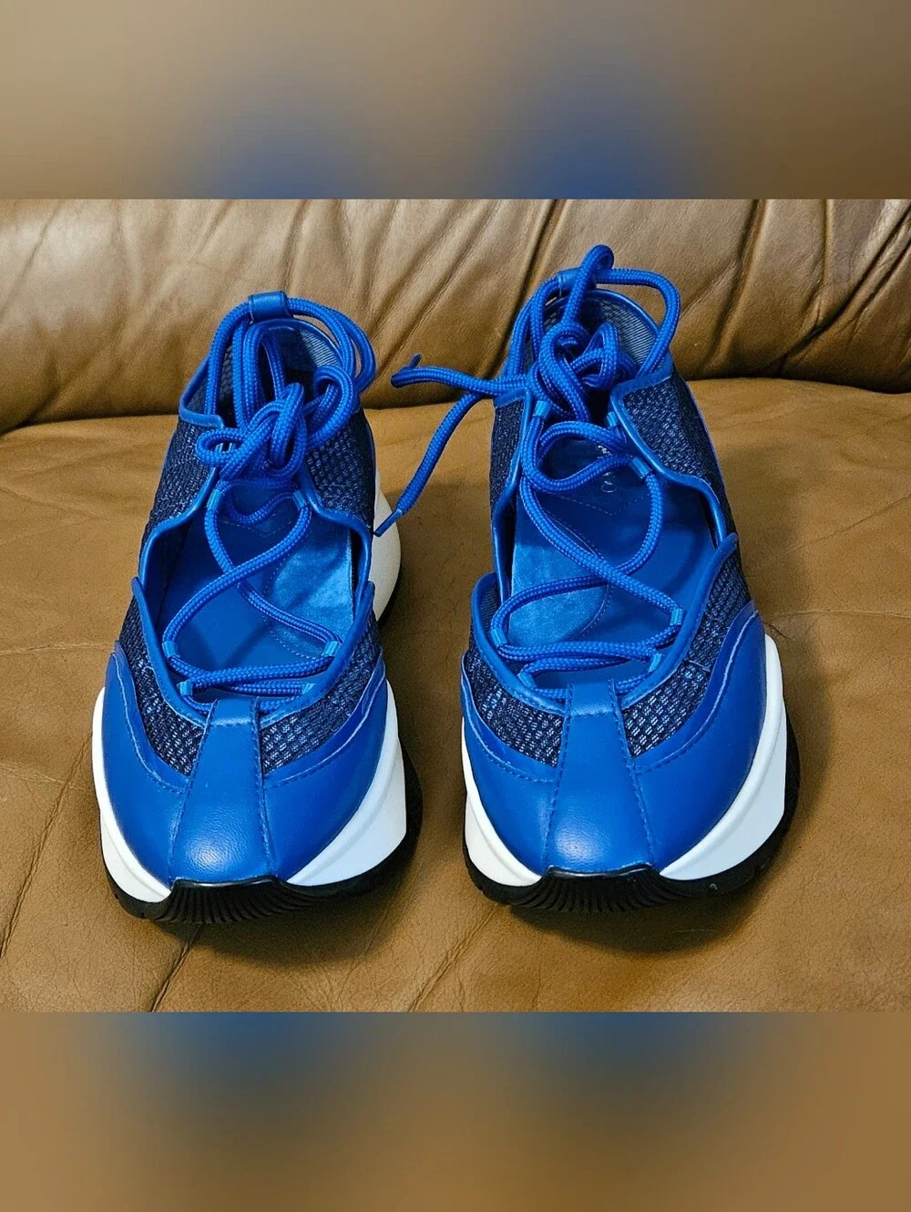 New Women's Jimmy Choo Blue Leather Strappy Lace Designer Sneakers Size 5.5 US